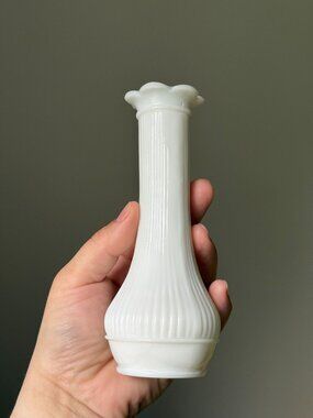 Vintage Randall White Milk Glass 6” Flower Vase Scalloped Petal Rim c1970s MCM